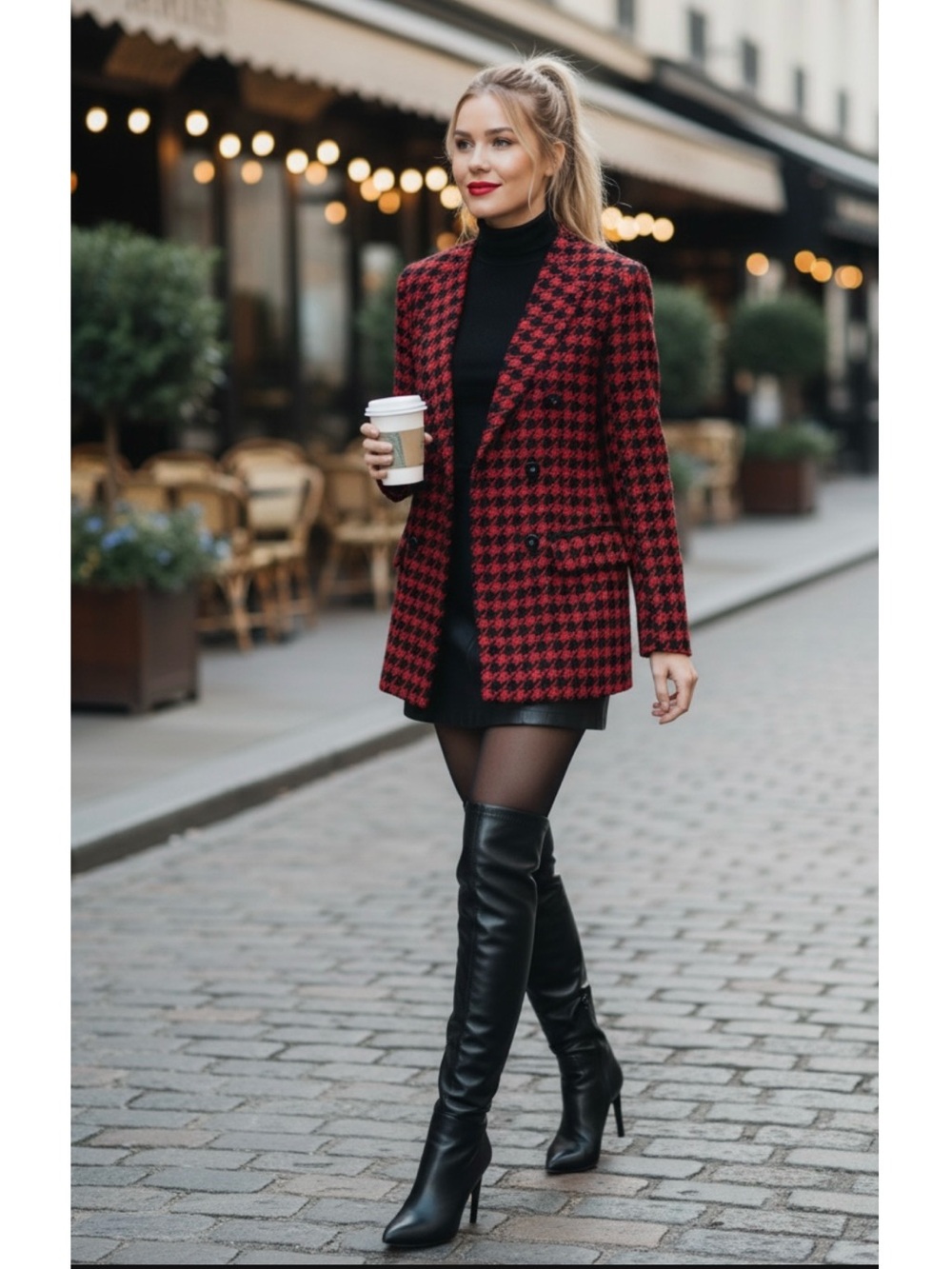 Zara Houndstooth Blazer Jacket in Red Black Size Medium